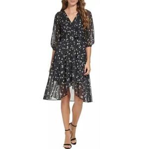 DKNY Women's Black Floral 3/4 Sleeve Ruffle Hi-Low Belted Wrap Dress Size 18w